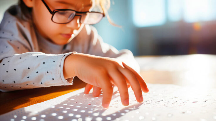 Silmälasipäinen lapsi tunnustelee paperilla olevia kohomerkkejä.